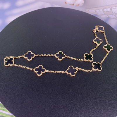 VCA Vintage Alhambra 18k Gele Gouden Ketting, 10 Motieven Met Onyx Verkoop 18k Gouden Sieraden