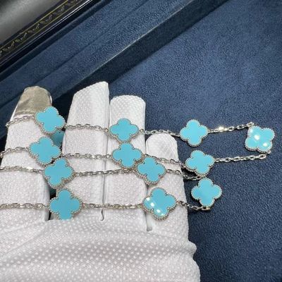 18k witgoud turquoise ketting Custom 18k goud sieraden Long Van Cleef Alhambra turquoise